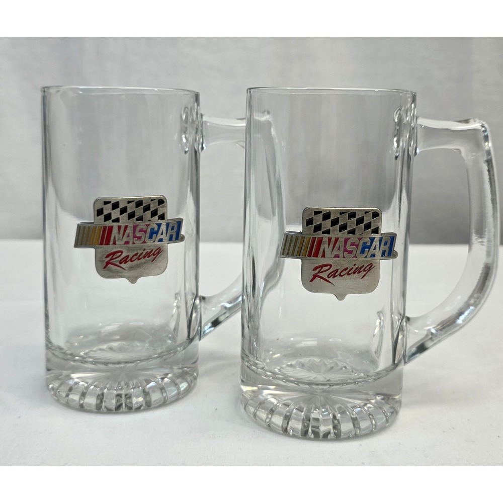 NASCAR Racing Beer Mugs Set of 2 Clear Glass Tankards with Metal Logo Emblem